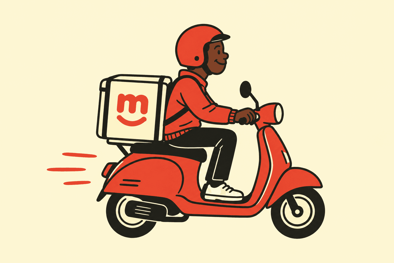 An illustrated Mando rider on a red scooter